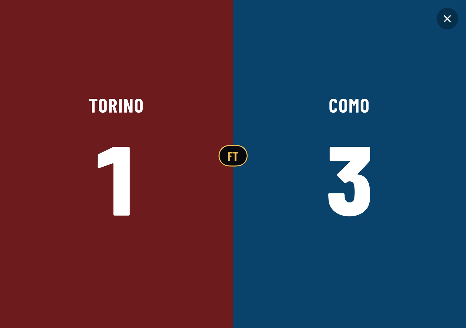 Full-screen scoreboard: Torino 1, Como 3, full time